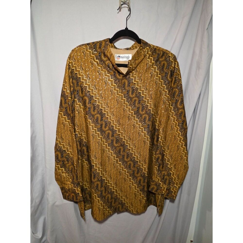 Vintage Batik Keris Indonesian Shirt Mens XL 17 Gold Geometric Traditional